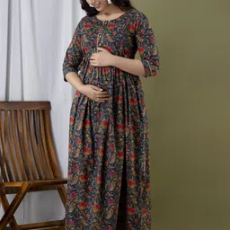 MAGHMA Women Ethnic Motifs Printed Maternity Cotton Fit & Flare Maxi Dress image 5