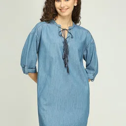 IZEL Women Denim Mandarin Collar Roll-Up Sleeves Sheath Dress-picture-38