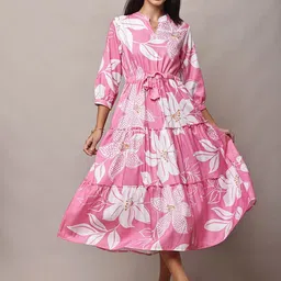 CNQFS FASHION Women Floral Printed Tie Ups Tiered Fit & Flare Midi Dress-image-3