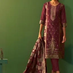 DRESOUL Women Woven Design Regular Raw Silk Kurta with Trousers & Dupatta image 4