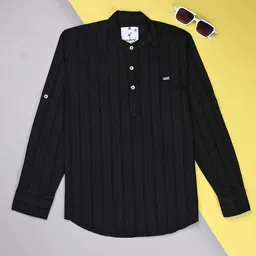 V-Mart Boys Vertical Striped Mandarin Collar Cotton Slub Casual Shirt-image-2