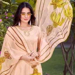 KALINI Women Floral Printed Regular Thread Work Kurta with Trousers & With Dupatta image 3