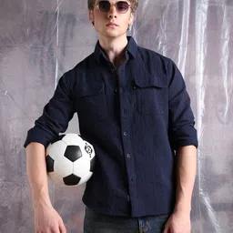 Hubberholme Men Relaxed Fit Utility Pockets Opaque Textured Cotton Casual Shirt image 3