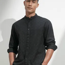 HIGHLANDER Men Comfort Relaxed Fit Textured Mandarin Collar Cotton Casual Shirt-picture-36