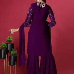 PARROT CREATION Geometric Embroidered Georgette Straight Kurta With Sharara & Dupatta image 3