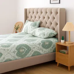 SWAYAM Green & White Ethnic Motifs 210 TC Cotton 1 Queen Regular Bedsheet with 2 Pillow Covers image 5