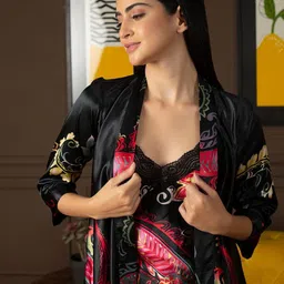 XPIOX Women Ethnic Motifs Printed V-Neck Maxi Nightdress With Robe image 3