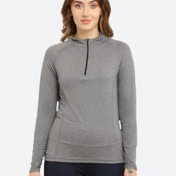 xingr Women Solid Zip Neck Polyester Grey T-Shirt-picture-28