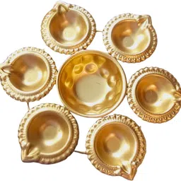 Golden Diya Stand with 6 Diyas & Bowl | Brass Finish Decorative Pooja Set Brass Table Diya-image-2