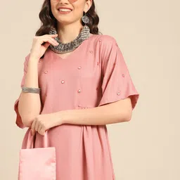 Sangria Women Pink Embellished Mirror Work Extended Sleeves A-Line Kurta-image-16