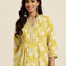 HERE&NOW Floral Printed Mirror Work Pure Cotton Mirror Work Pleated Kurti-picture-30