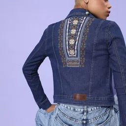 HERE&NOW Women Blue Embroidered Denim Jacket-picture-55