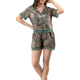Pretty Loving Thing Green Satin Ethnic Motifs Top & Shorts Set image 5