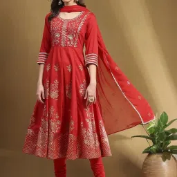 Biba Red Embellished Kurta Pant Set With Dupatta image 5