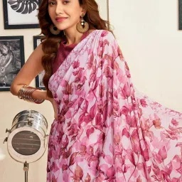 Satrani Pink & White Printed Saree With Unstitched Blouse image 5