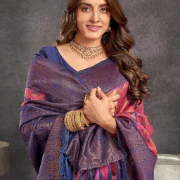 Satrani Rose Pink & Navy Blue Woven Saree With Unstitched Blouse image 5