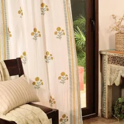Peepul Tree White & Mustard Pure Cotton Marigold Collection Sheer Curtain image 5