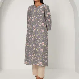 Ancestry Smoke Grey Floral Print Straight Kurta-image-4