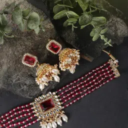 Peora Gold Plated Kundan Dangling Pearls Choker Necklace With Earrings Set-picture-14