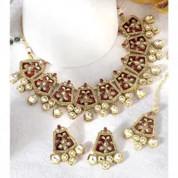 Peora Gold Plated Kundan & Meenakari Necklace with Earrings & Maang Tikka Set-picture-14