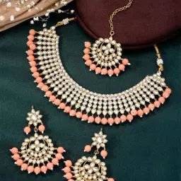 Peora Gold Plated Kundan Peach Pearl Necklace with Earrings & Maang Tikka Set-image-90