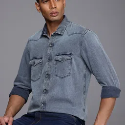 Louis Philippe Jeans Pure Cotton Slim Fit Faded Opaque Denim Casual Shirt-picture-28