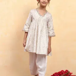 BIBA Girls Off White Printed Suit Set-image-99