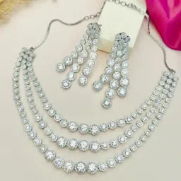 Abdesigns Silver Cubic Zirconia American Diamond Necklace & Earring Set-picture-27
