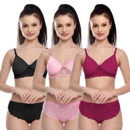 FIMS Pink & Black Lace Work Bra Panty Sets - Pack Of 3-picture-0
