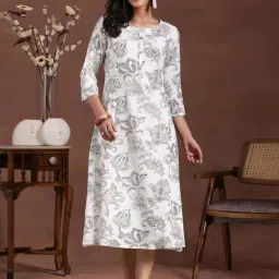 Libas White Cotton Printed A-Line Dress-image-28