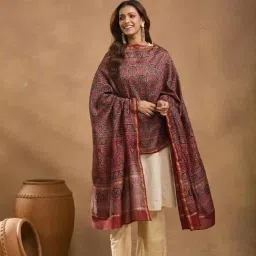 Fabindia Black Cotton Silk Blend Ajrakh Printed Dupatta-picture-15