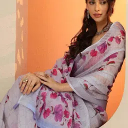 Libas Blue Regular Fit Floral Print Saree With Unstitched Blouse image 4