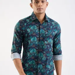 Spykar Navy Blue Cotton Regular Fit Floral Print Shirt-picture-15