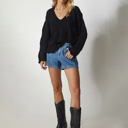 Happiness istanbul Siyah Women Self Design V-Neck Pullover Sweater image 3