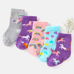 Cute Walk by Babyhug Cotton Non Terry Anti Bacterial Ankle Length Socks Unicorn Design Pack of 5 - Multicolour-image-77