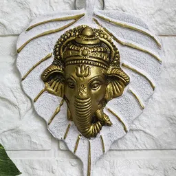 eCraftIndia White & Golden Lord Ganesha Face On Leaf Wall Hanging Decorative Showpiece- White-image-32