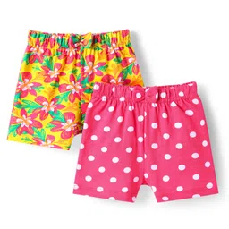 Babyhug Cotton Knit Mid Thigh Length Polka Dots & Floral Printed Shorts with Bow Applique Pack of 2 - Dark Pink & Yellow-image-97