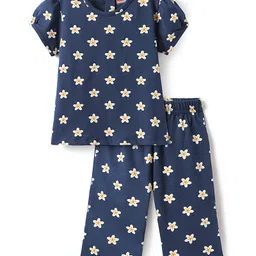 Babyhug Cotton Knit Half Sleeves Co-ord Capri Night Suit with Star Print - Navy Blue-picture-12