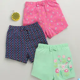 BUMZEE Cotton Knit Above Knee Length Polka Dots & Floral Printed Shorts With Bow Applique Pack of 3 - Navy Blue Pink & Mint Green-picture-23