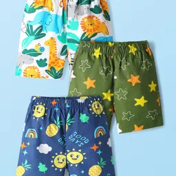 Babyhug Cotton Woven Above Knee Length Boxer With Stars & Animal Print Pack Of 3 -Navy Blue White & Green-image-71