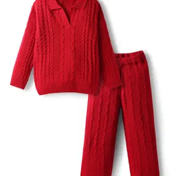 Pine Kids Knit Full Sleeves Solid Collar Neck Sweater Set with Cable Knit Design - Dark Red-picture-22