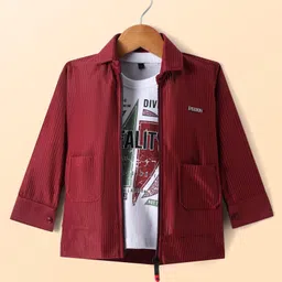 Radutu Full Sleeves Ribbed Jacket With Typography Printed Tee Set - Maroon & White-picture-18
