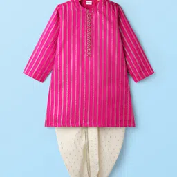 Babyhug Cotton Woven Full Sleeves Kurta Dhoti Set with Dobby Embroidery - Fuchsia-picture-19