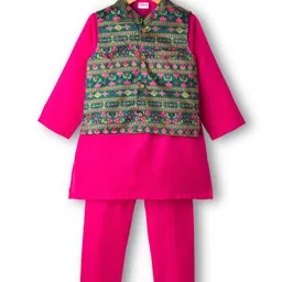 Babyhug Cambric Full Sleeves Kurta Pajama Set with Jacket & Floral Print - Fuchsia-picture-12