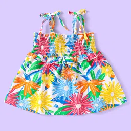 Babyhug Single Jersey Knit Singlet Sleeves Top & Denim Jeans with Floral Print & Embroidery - Blue image 2