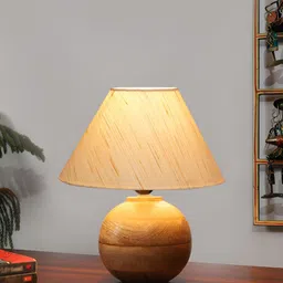 Devansh Beige & Brown Textured Wooden & Cotton Frusturical Shaped Table Lamp image 5
