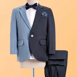 Robo Fry Woven Full Sleeves Solid 3 Piece Party Suit With Bow - Navy Blue & Grey image 4