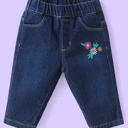 Babyhug Single Jersey Knit Singlet Sleeves Top & Denim Jeans with Floral Print & Embroidery - Blue image 4