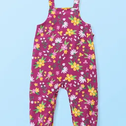 Babyhug Cotton Knit Full Sleeves Solid Colour Top with Floral Printed Dungaree - Mauve & White image 5