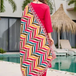 Moda Rapido Floral Embroidered Thread Work V-Neck Straight Kurta With Trousers & Dupatta image 4